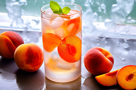 新鲜可口的桃子和饮品图片