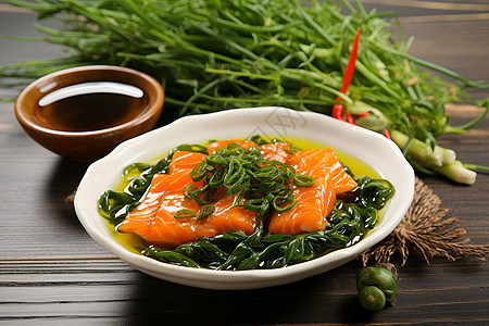 碗中美味的蔬菜和三文鱼图片
