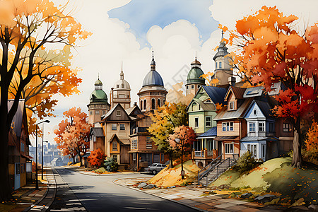 秋天城市中的堡垒背景图片