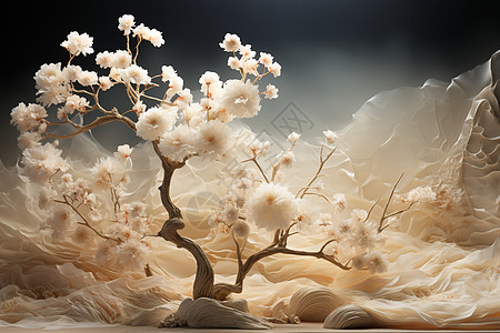 树干上盛开的白色花朵图片