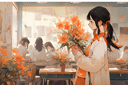 教室里面拿着花束的女孩背景图片
