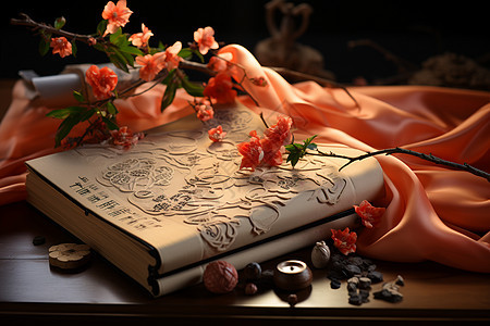 桌面上的书籍和丝绸背景图片