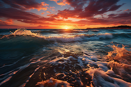 夕阳下的海浪海水图片