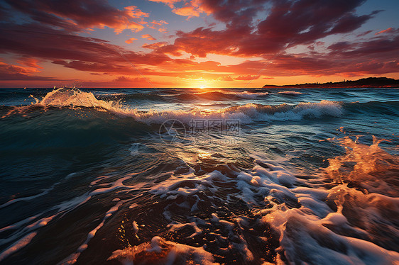 夕阳下的海浪海水图片