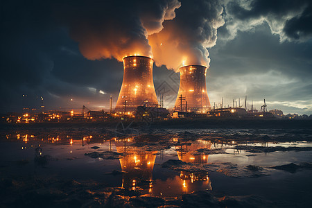 夜晚的工业核电厂图片