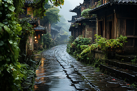 下雨打伞下雨中的农村房屋背景