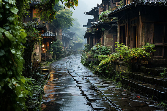 下雨中的农村房屋图片