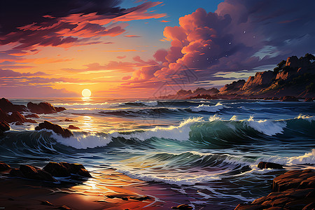 夕阳下的汹涌海浪背景图片