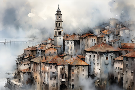 迷雾笼罩中的小镇背景图片