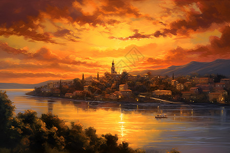 夕阳映照的河边小镇图片