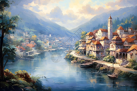 山谷里的河边小镇背景图片