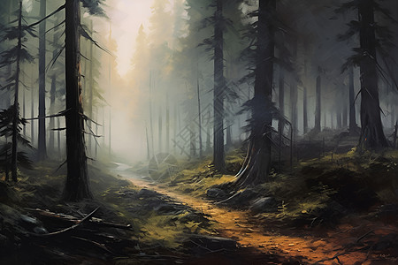 阳光照耀下的迷雾森林图片