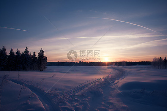 落日下的雪地小径图片