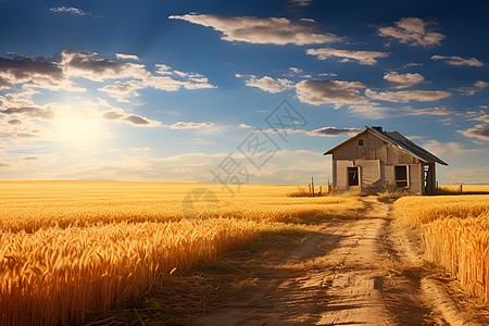 麦田旁一间房屋背景图片