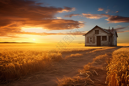 金色田野上的一座房子图片
