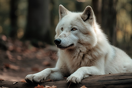 白狼伏在木头上图片