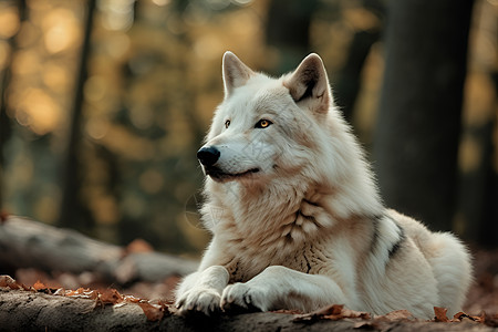 动物狼白狼与秋林背景