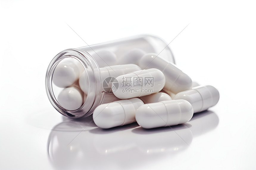 白色的药丸放在桌上图片