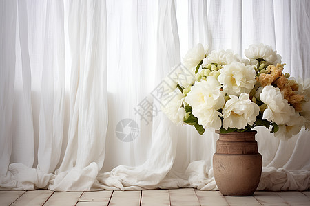 白色的窗帘和美丽的鲜花图片