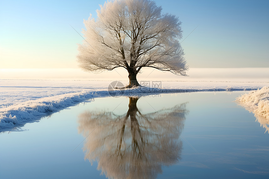 冬日冰湖上的树图片