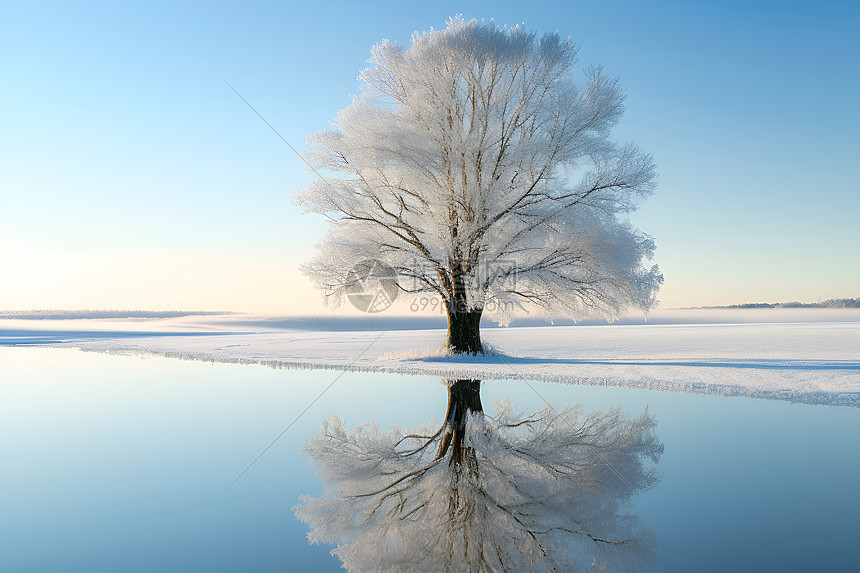 冰湖上树的倒影图片