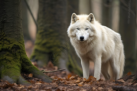 白狼立于森林深处图片