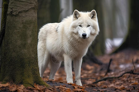 白狼在森林里静立图片