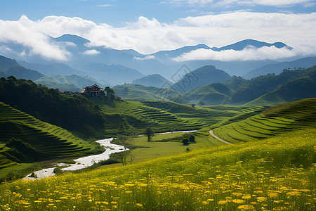 田野上的绿色山坡图片