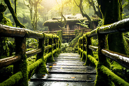 丛林雨中的木桥背景图片