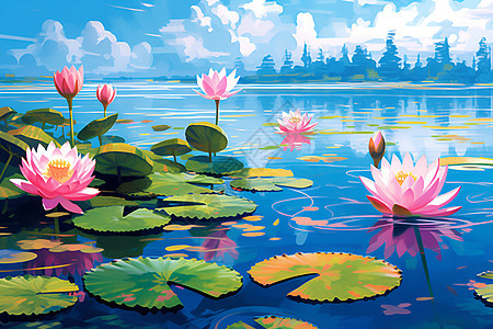 湖面上的美丽花卉背景图片