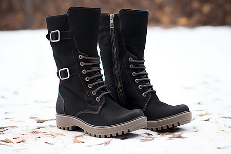 黑色靴子在雪地上图片