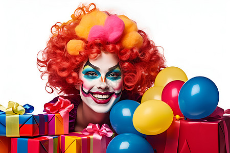 愚人节快乐字体小丑带着礼盒和气球背景