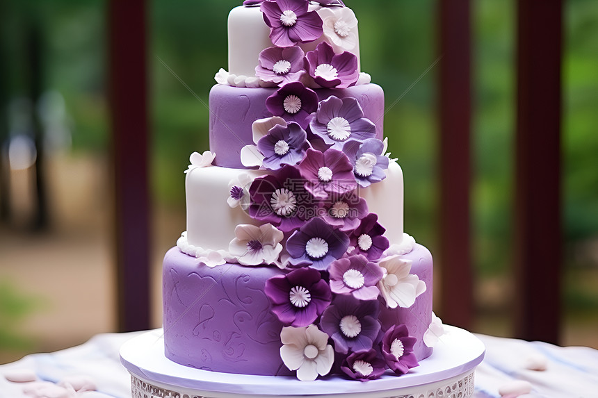 紫色花朵的婚礼蛋糕图片
