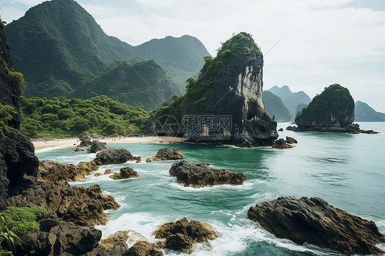 海岸边的山川图片