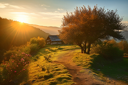 夕阳下宁静的乡村景观背景图片