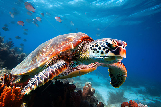 清澈海底游动的海龟图片