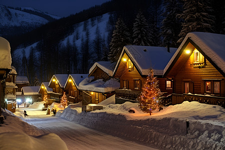 雪夜璀璨的村庄装饰图片