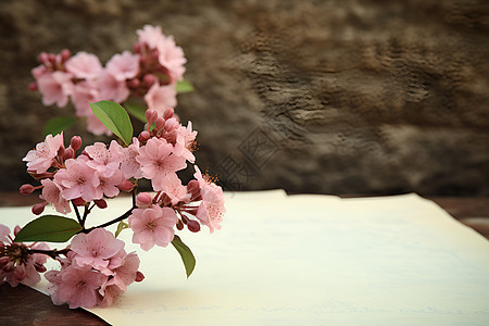 信纸旁绽放的桃花背景图片