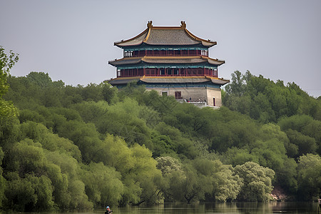 草木环绕的中式建筑景观背景图片