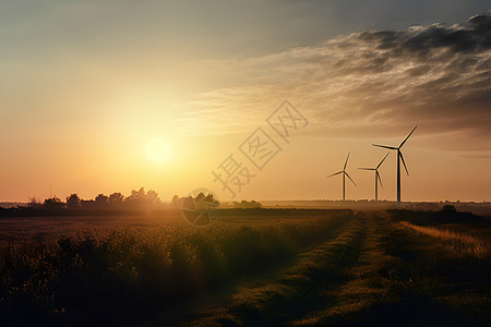 草地前景中有几棵树远处有几座风力发电机正在日落时分旋转图片