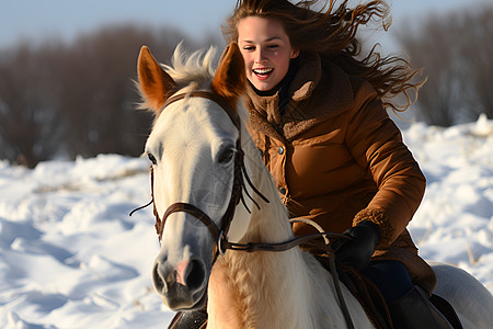 冬季草原上骑行马匹的女子背景图片