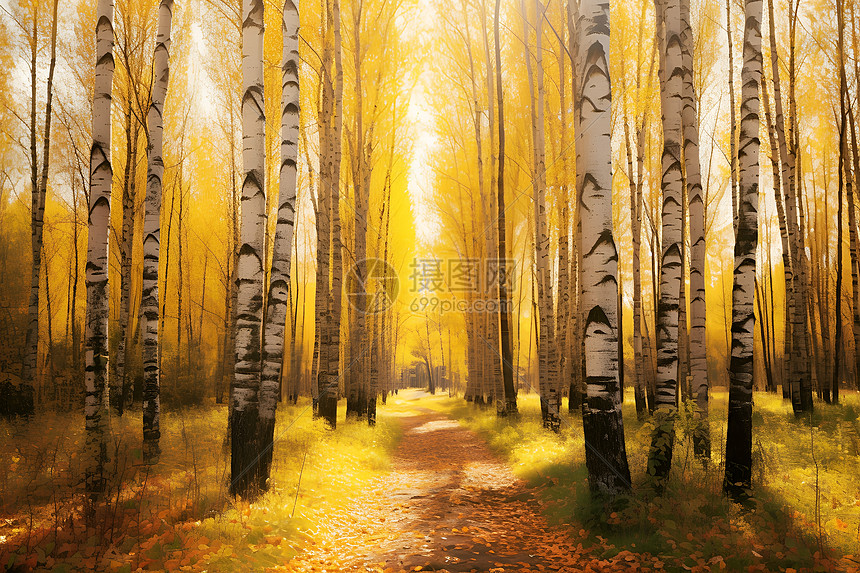 秋季林间地面上的黄叶图片