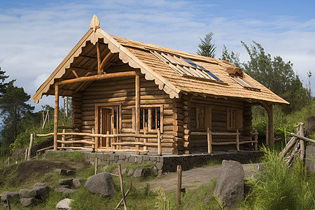 山坡上一座小屋图片