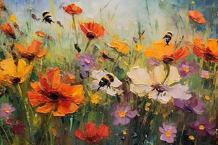 蜜蜂采花的油画背景图片
