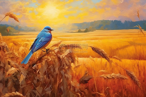 蓝鸟栖息麦芒中图片