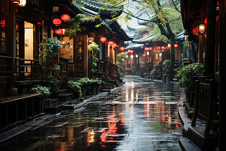 雨中小道旁的古典建筑图片