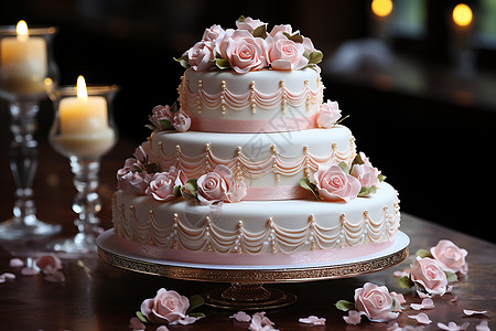 奶油抹茶托盘上的三层花朵蛋糕背景