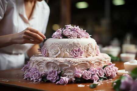 粉色花朵装饰的蛋糕图片