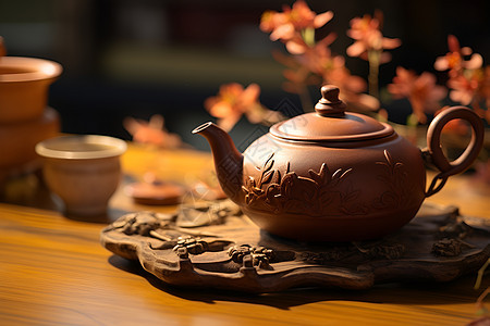 中式陶瓷茶壶与花卉背景图片
