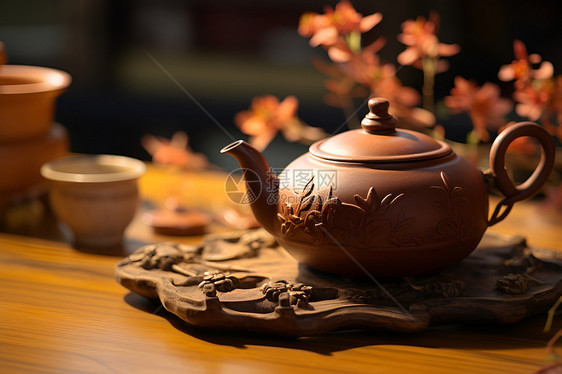 中式陶瓷茶壶与花卉图片